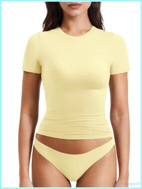 Women Fitted Crew Neck Crop Workout Gym T-Shirt Stretch